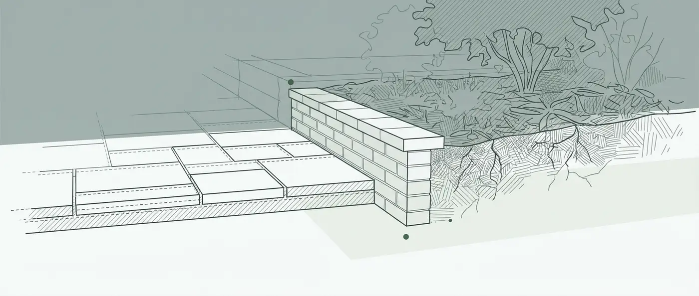 Line illustration of a stone paver patio edge meeting a low retaining wall and a hatched planting bed, shown in cross-section.